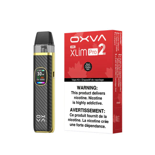 Gold and black carbon fiber OXVA XLIM Pro 2 pod kit with red CRC packaging.