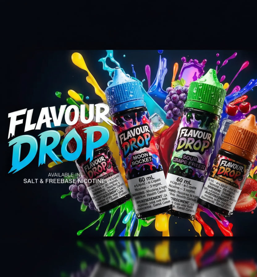 Flavour Drop e-liquid bottles with colorful splashes on a dark background