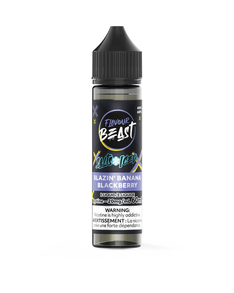 Flavour Beast Salt Blazin' Banana Blackberry Iced e-liquid bottle, 60mL, black label with purple and yellow text.
