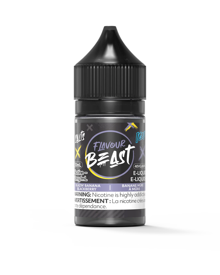 Flavour Beast Salt Blazin' Banana Blackberry Iced 30mL e-liquid bottle with black cap and purple label.