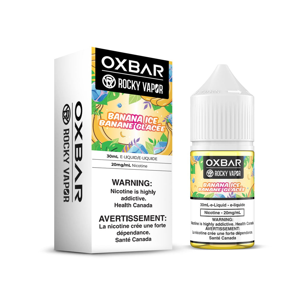 White box and small bottle of Oxbar Rocky Vapor Banana Ice 30ml e-liquid with yellow and green accents.
