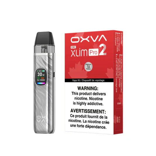 Oxva XLIM Pro 2 pod kit in Platinum Grey, with a sleek metallic finish and a colorful display, beside its red CRC box.