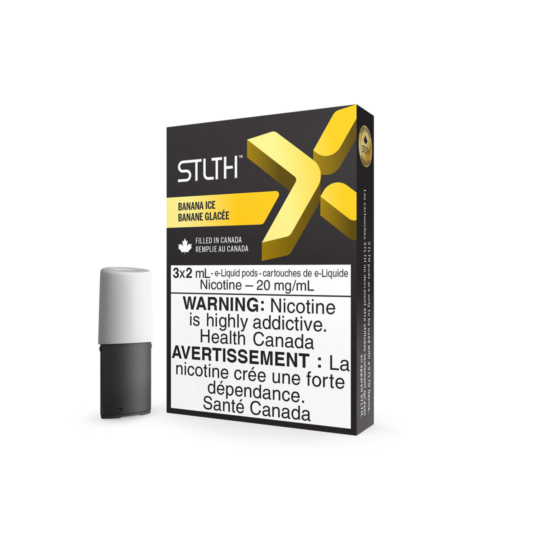 STLTH X Banana Ice vape pods, 3-pack, black and yellow packaging with a single black and white pod.