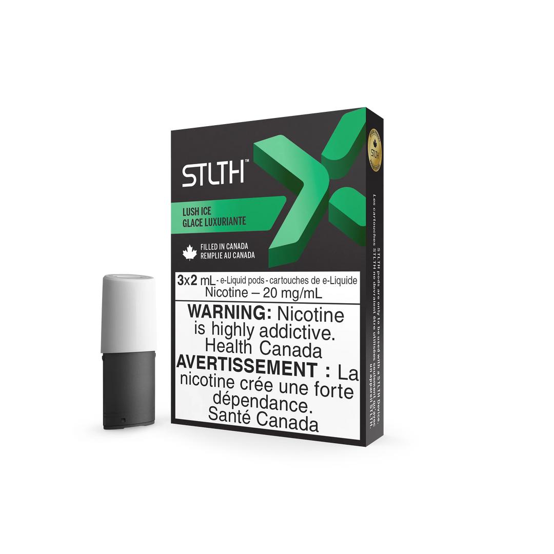 Stlth X Lush Ice vape pods: black and green box with one black and white pod beside it.