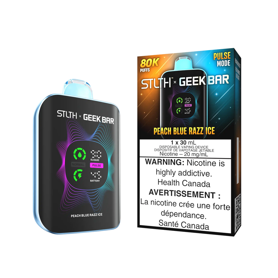Peach Blue Razz Ice STLTH x Geek Bar 80K disposable vape with package