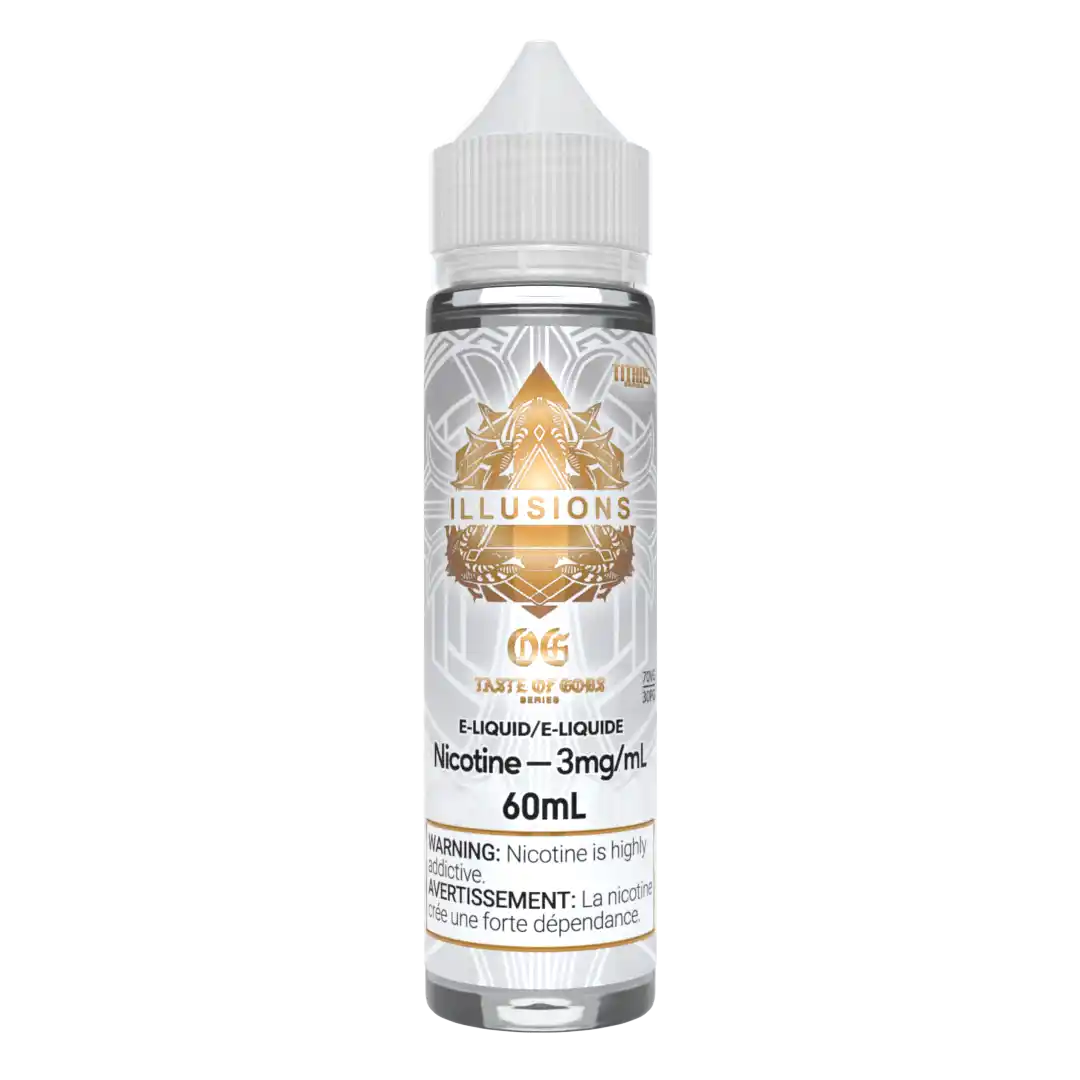 Illusions Vapor Taste Of Gods OG 60ml e-liquid bottle with gold and white label, 3mg nicotine.
