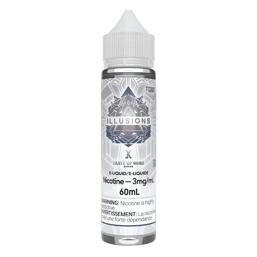 Illusions Vapor Taste Of Gods X 60ml e-liquid bottle with white cap and geometric silver label.