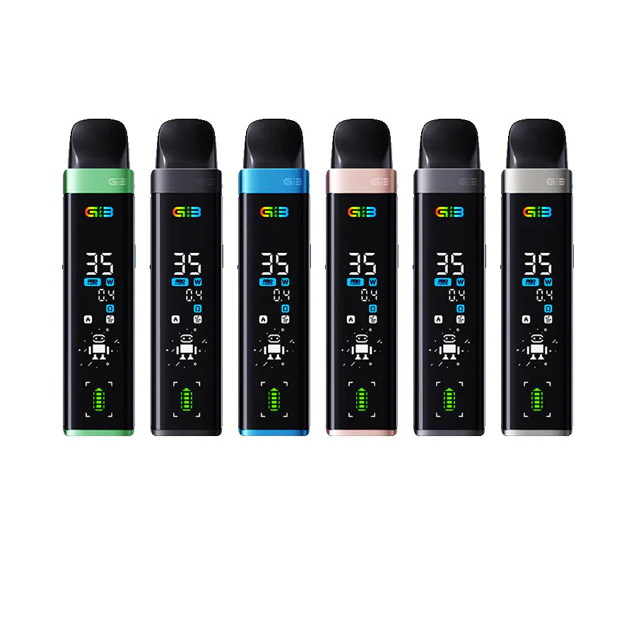 Uwell Caliburn G3 Pro Pod Kit in six colors: green, blue, rose gold, grey, and silver, with digital screens.