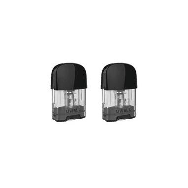 Two Uwell Caliburn G / Koko Prime replacement pods with clear tanks and dark grey bases.