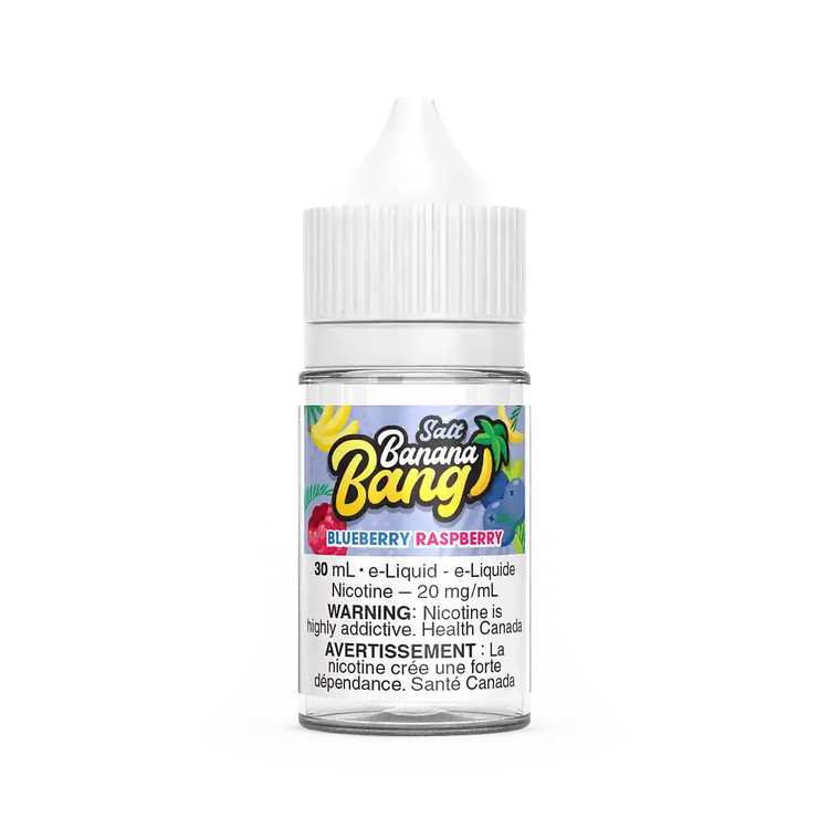 Banana Bang Salt Blueberry Raspberry 30mL e-liquid bottle with white cap and colorful fruit label.