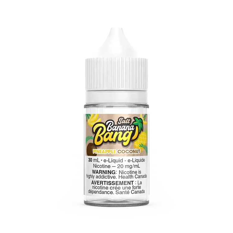 Banana Bang Salt Pineapple Coconut 30mL e-liquid bottle with white cap and label.