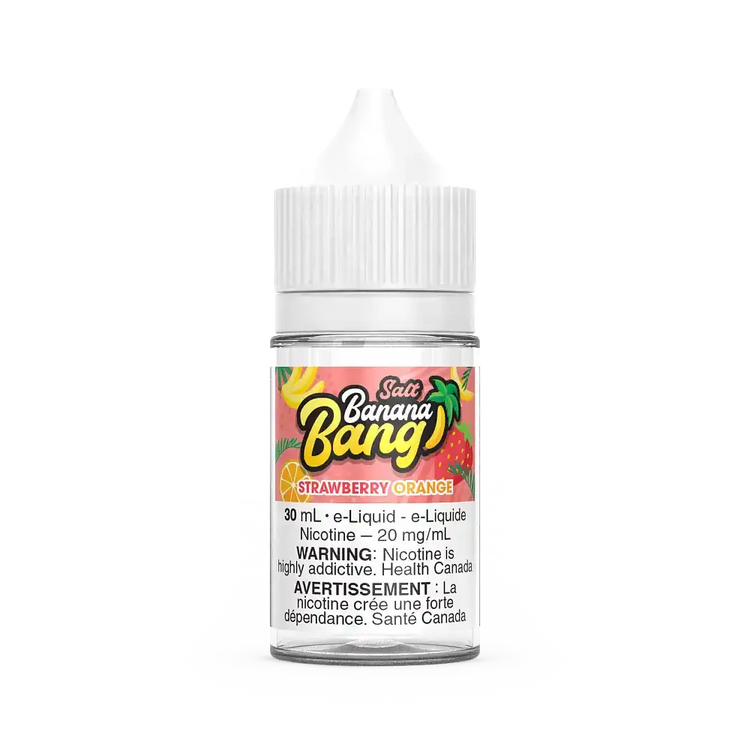 Banana Bang Salt Strawberry Orange 30mL e-liquid bottle with colorful fruit label.