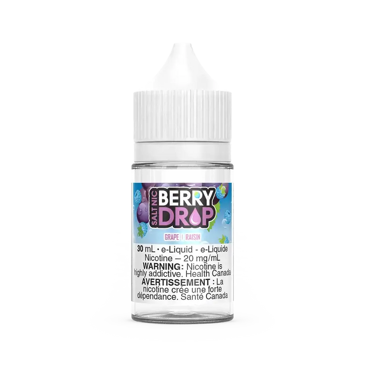 Berry Drop Salt Grape 30mL e-liquid bottle with white cap and label featuring purple grapes.