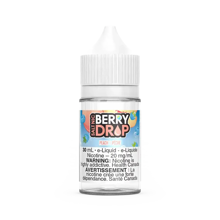 Clear 30mL Berry Drop Salt Nicotine E-Liquid bottle with a white cap, featuring a colorful peach label.
