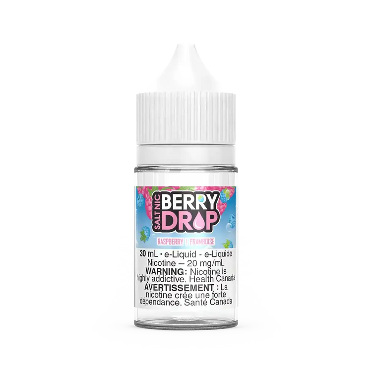Berry Drop Salt Raspberry 30mL e-liquid bottle with white cap and colorful label.