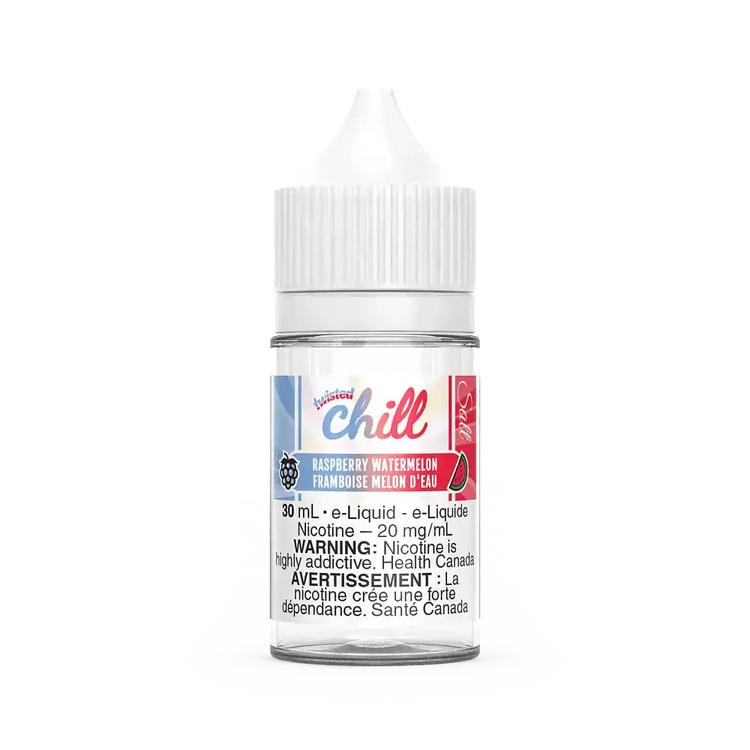 Chill Twisted Salt Raspberry Watermelon 30mL e-liquid bottle with white cap and clear body, featuring colorful label.