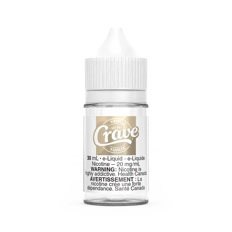 Crave Salt Vanilla 30mL e-liquid bottle with white cap and label, 20 mg/mL nicotine.