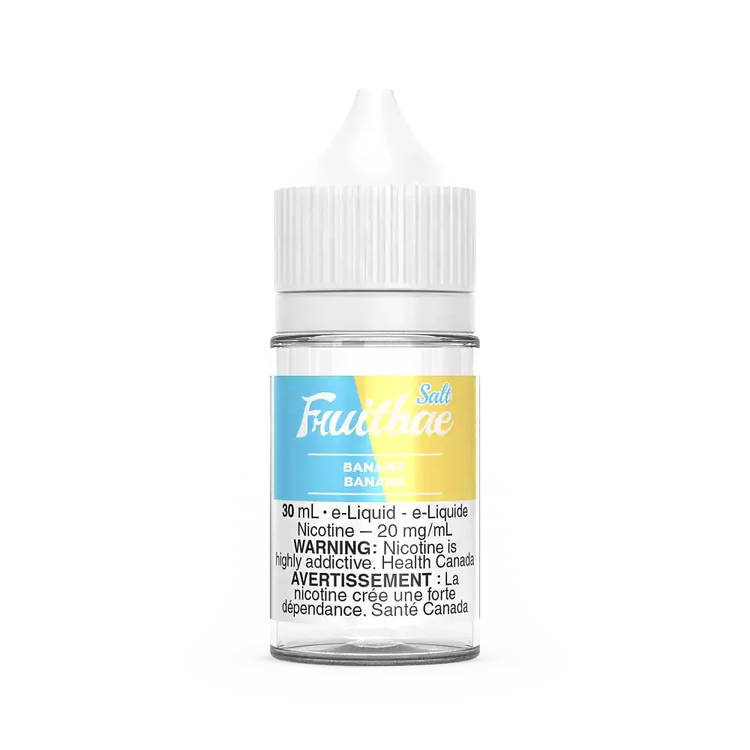 30mL clear glass bottle of Fruitbae Salt Banana e-liquid with a white child-resistant cap.