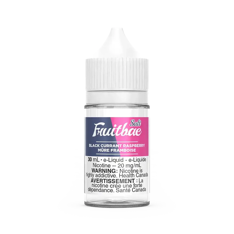 30mL Fruitbae Salt Black Currant Raspberry e-liquid bottle with white cap and clear label.