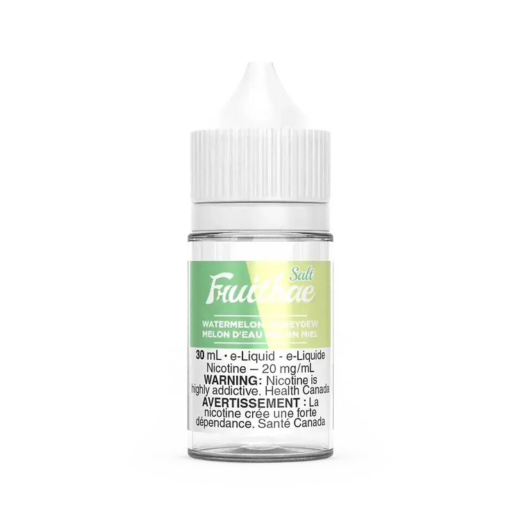 Fruitbae Salt Watermelon Honeydew 30ml e-liquid bottle with green and pink logo, white cap.