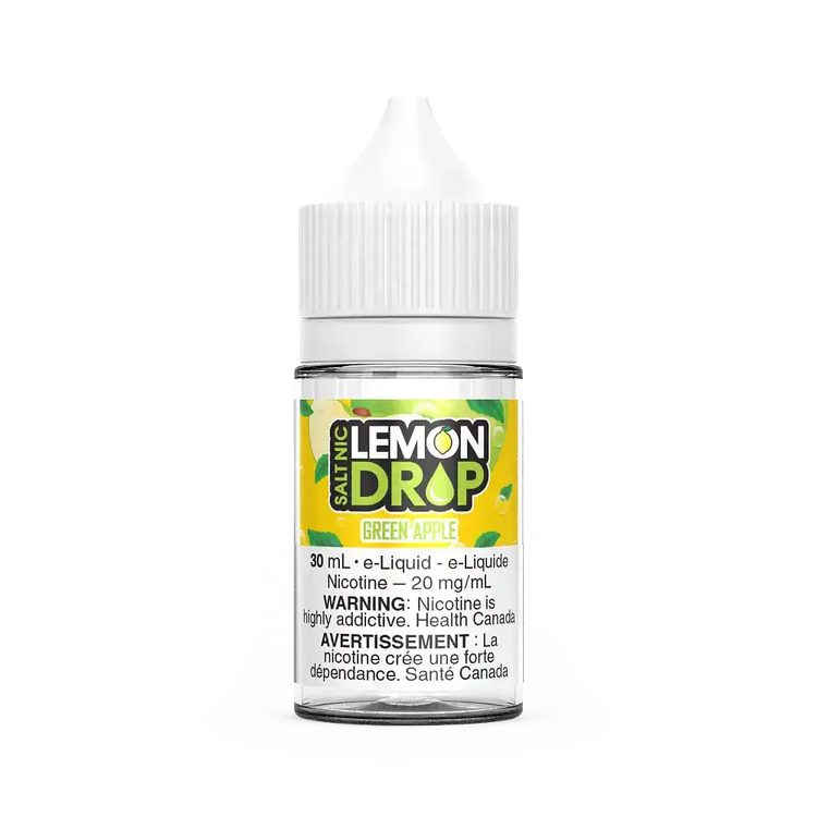 Lemon Drop Salt Green Apple 30mL e-liquid bottle with white cap and yellow label.