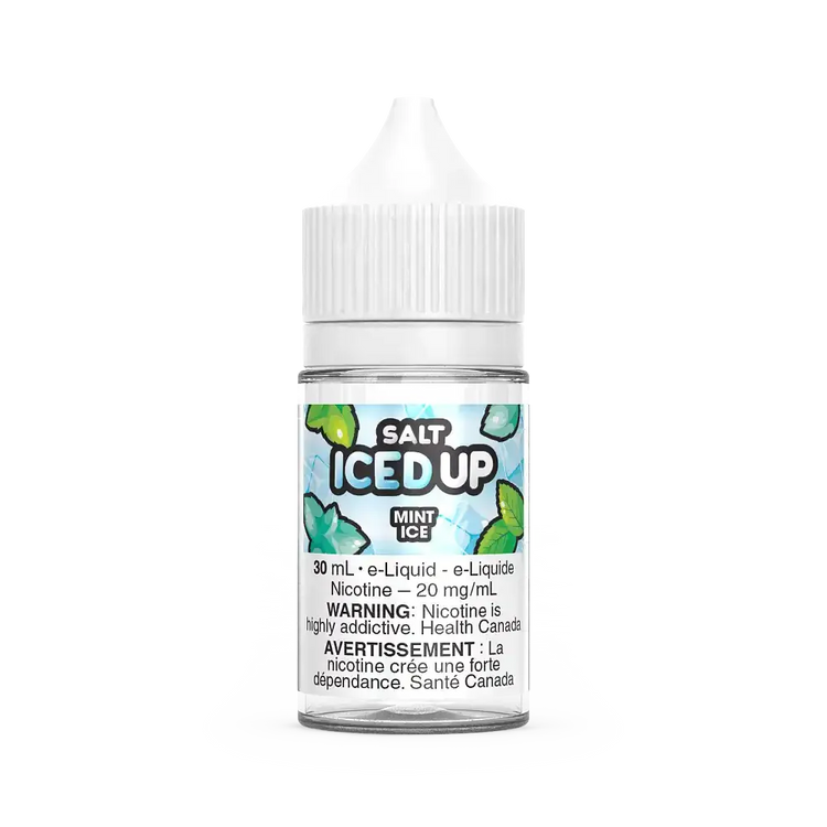 Iced Up Salt Mint Ice 30mL e-liquid bottle with white cap and icy green leaf design.