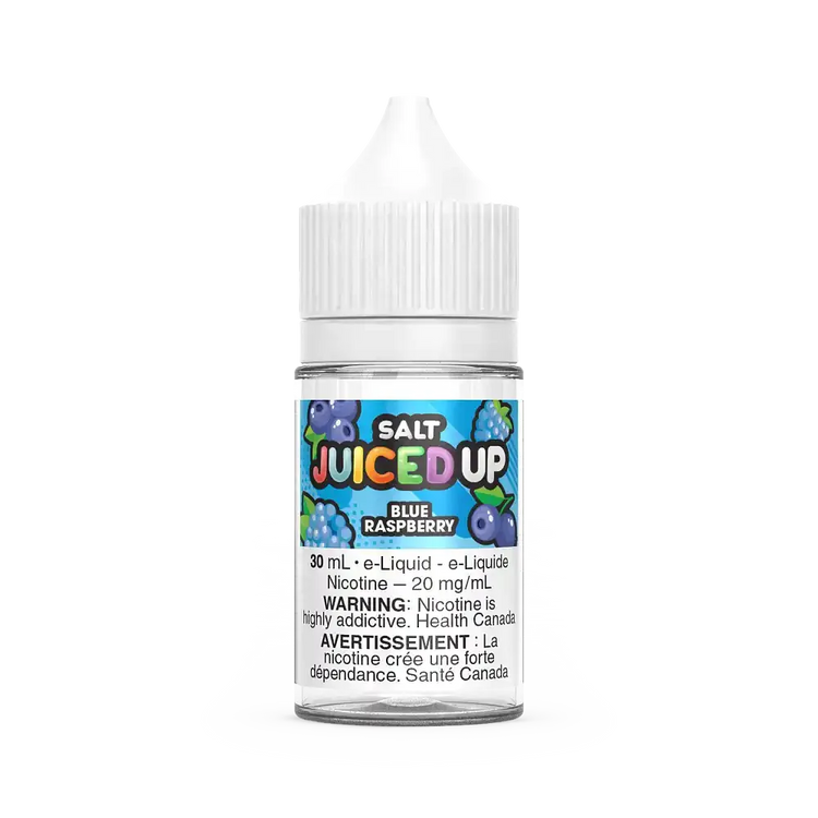 Juiced Up Salt Blue Raspberry 30mL e-liquid bottle with a white cap and blue raspberry graphic.