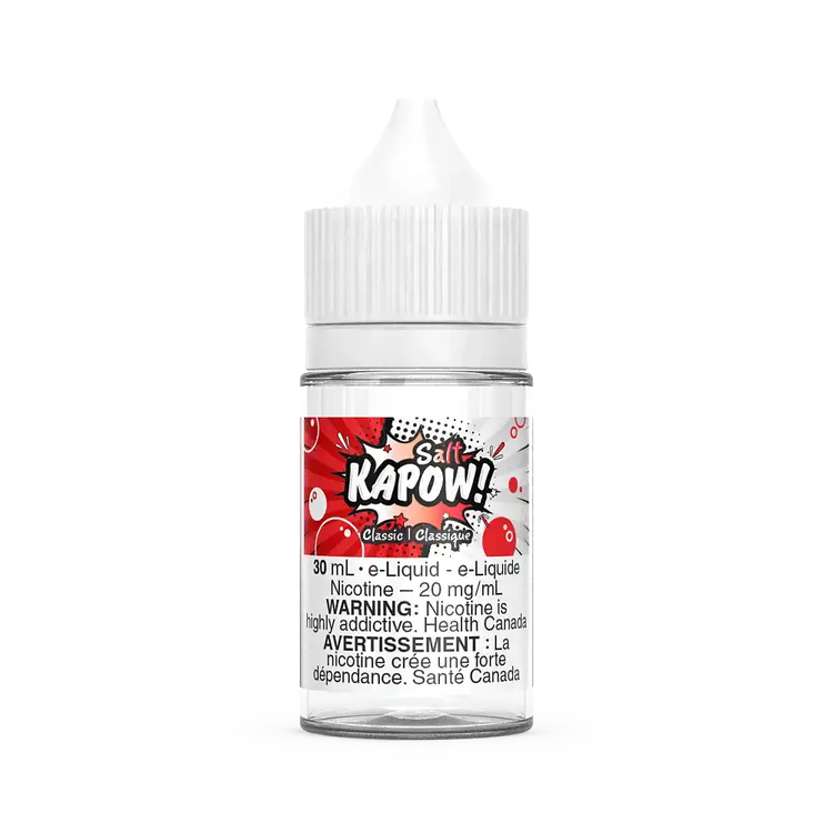 Kapow Salt Classic 30mL e-liquid bottle with red and white label, 20 mg/mL nicotine.