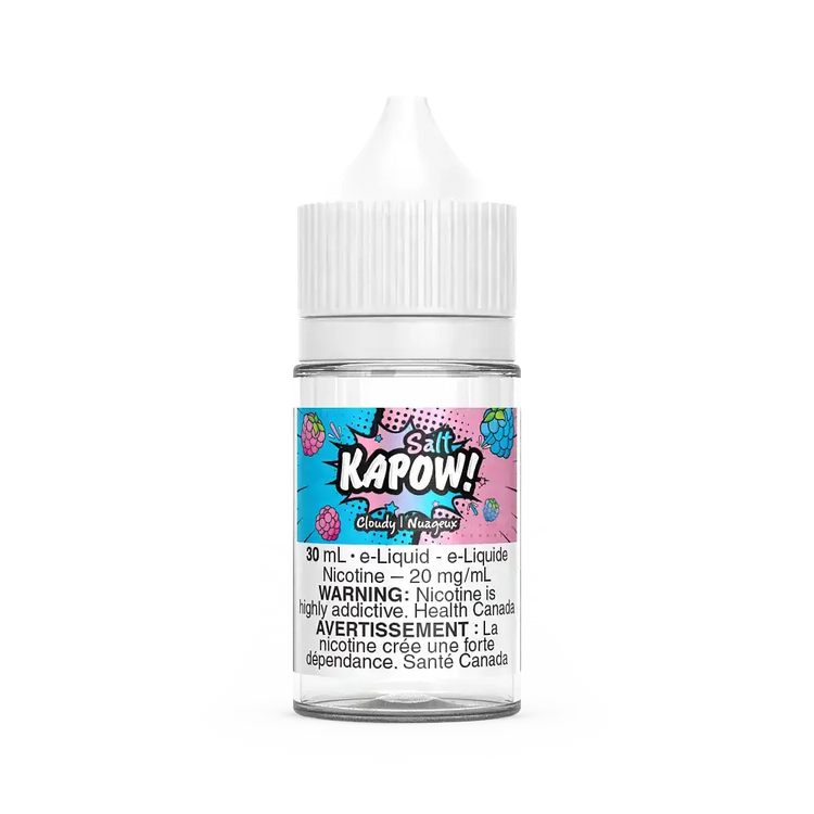 30mL bottle of Kapow Salt Cloudy e-liquid with a white cap and colorful comic-style label.