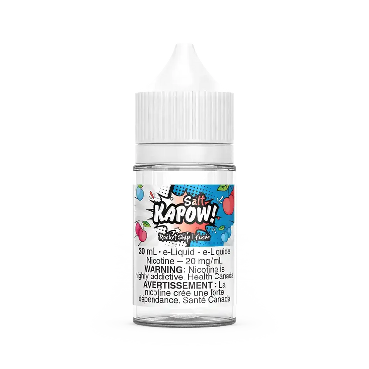 Kapow Salt Rocketship 30mL e-liquid bottle with colorful label featuring fruit graphics.