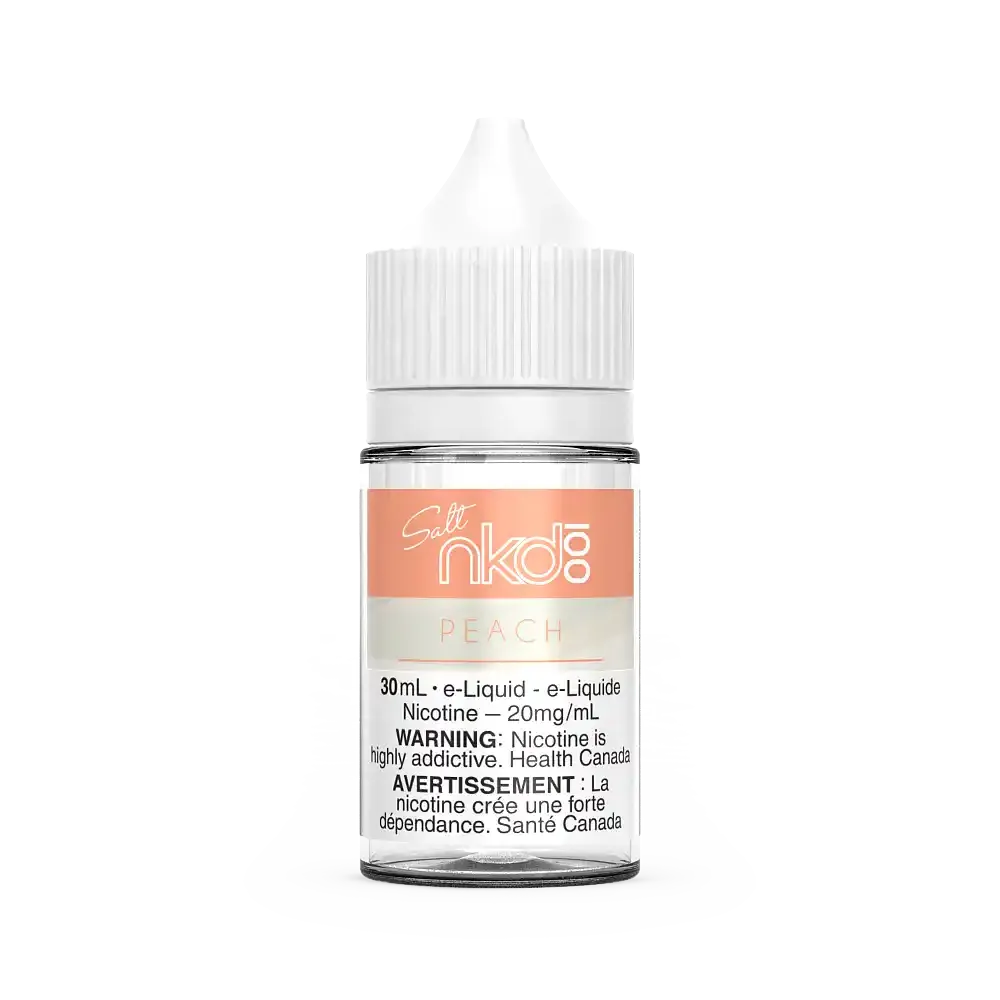 Naked 100 Salt Peach 30mL e-liquid bottle with a white cap and peach-colored label.