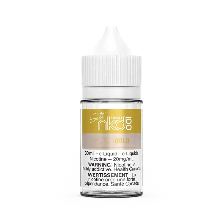 Naked 100 Salt Euro Gold 30mL e-liquid bottle with white cap and label, 20mg/mL nicotine.
