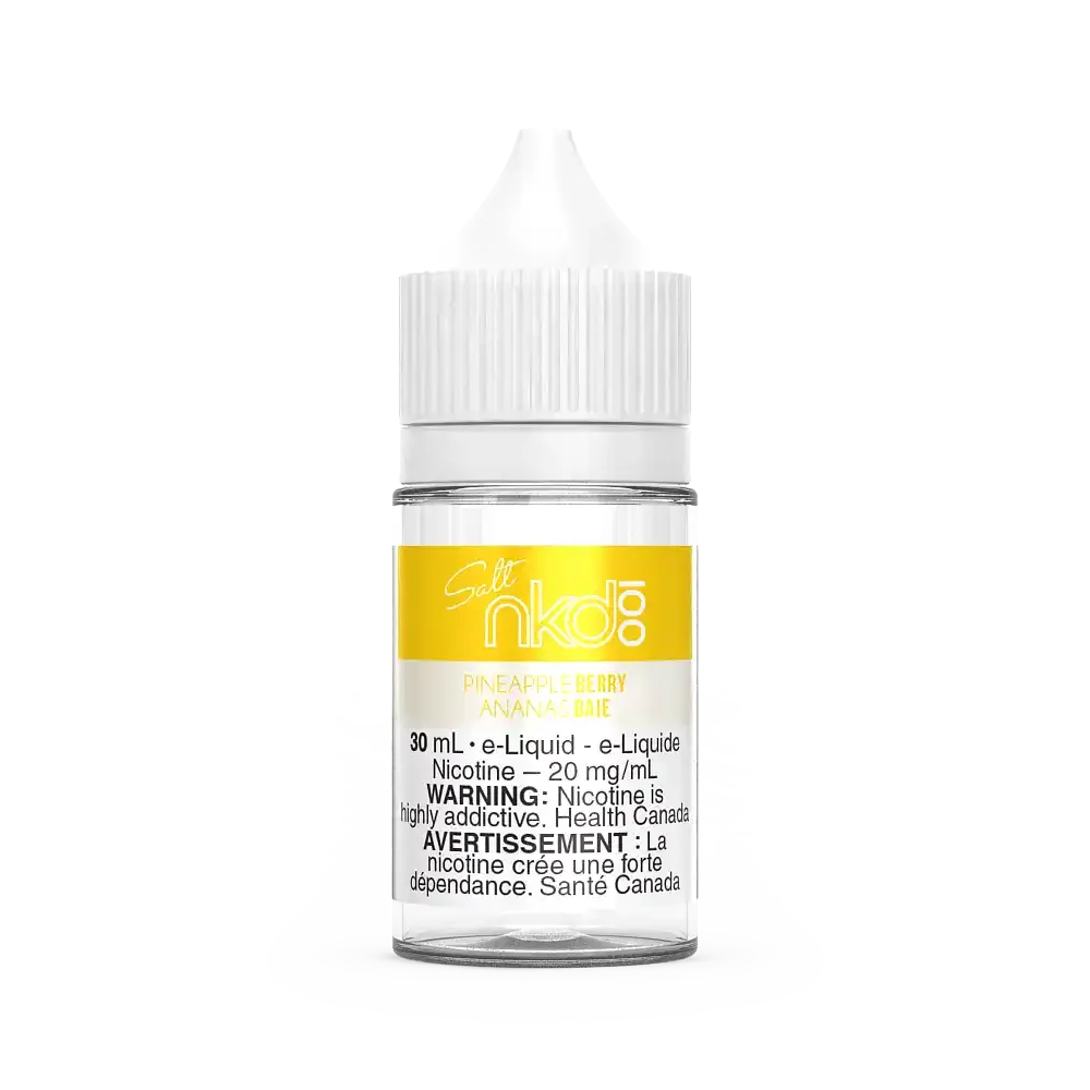 Naked 100 Salt Pineapple Berry 30ml e-liquid bottle with white cap and yellow label.
