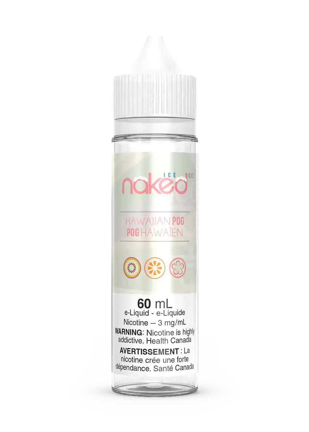 Naked 100 Hawaiian Pog Ice 60mL e-liquid bottle with white cap and tropical fruit graphics.