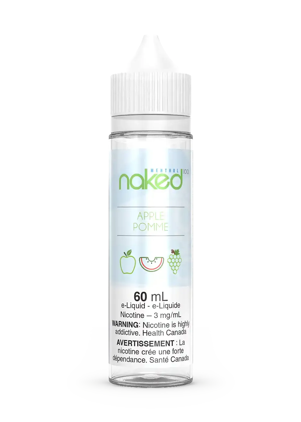 Naked 100 Apple e-liquid, 60mL clear bottle with white cap, green "naked" logo, and fruit icons.
