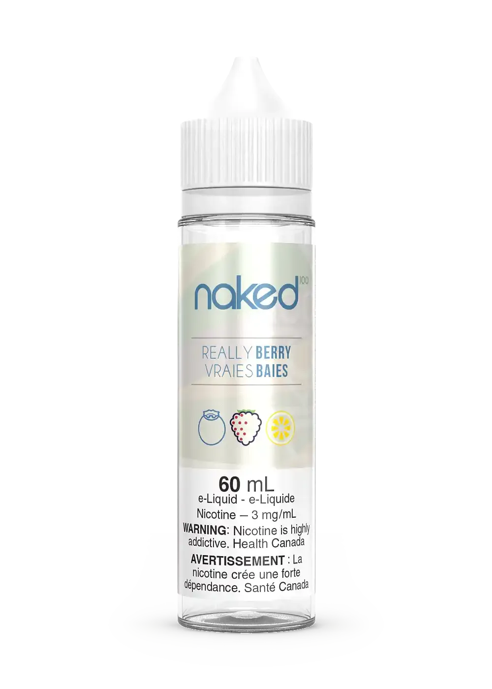 Naked 100 Really Berry 60mL e-liquid bottle with white cap, clear liquid, and berry/lemon label.