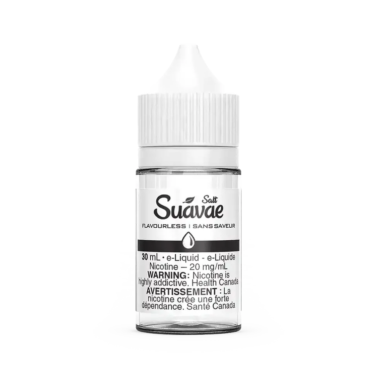 Clear 30mL Suavae Salt Flavourless e-liquid bottle with white cap and label showing "20 mg/mL Nicotine".