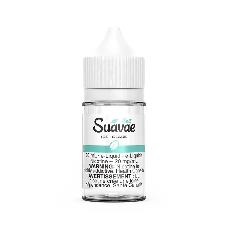 Suavae Salt Ice 30mL e-liquid bottle with white cap and clear label, featuring a mint leaf logo.
