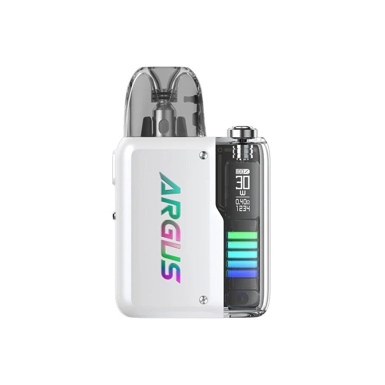 White Voopoo Argus P2 Pod Kit with clear pod, colorful "ARGUS" logo, and digital display.