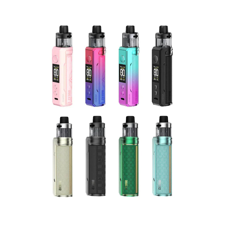 Voopoo Drag X2 Mod Pod Kit 80W 5mL in eight colors: pink, rainbow, blue, black, gold, dark grey, green, and light blue.