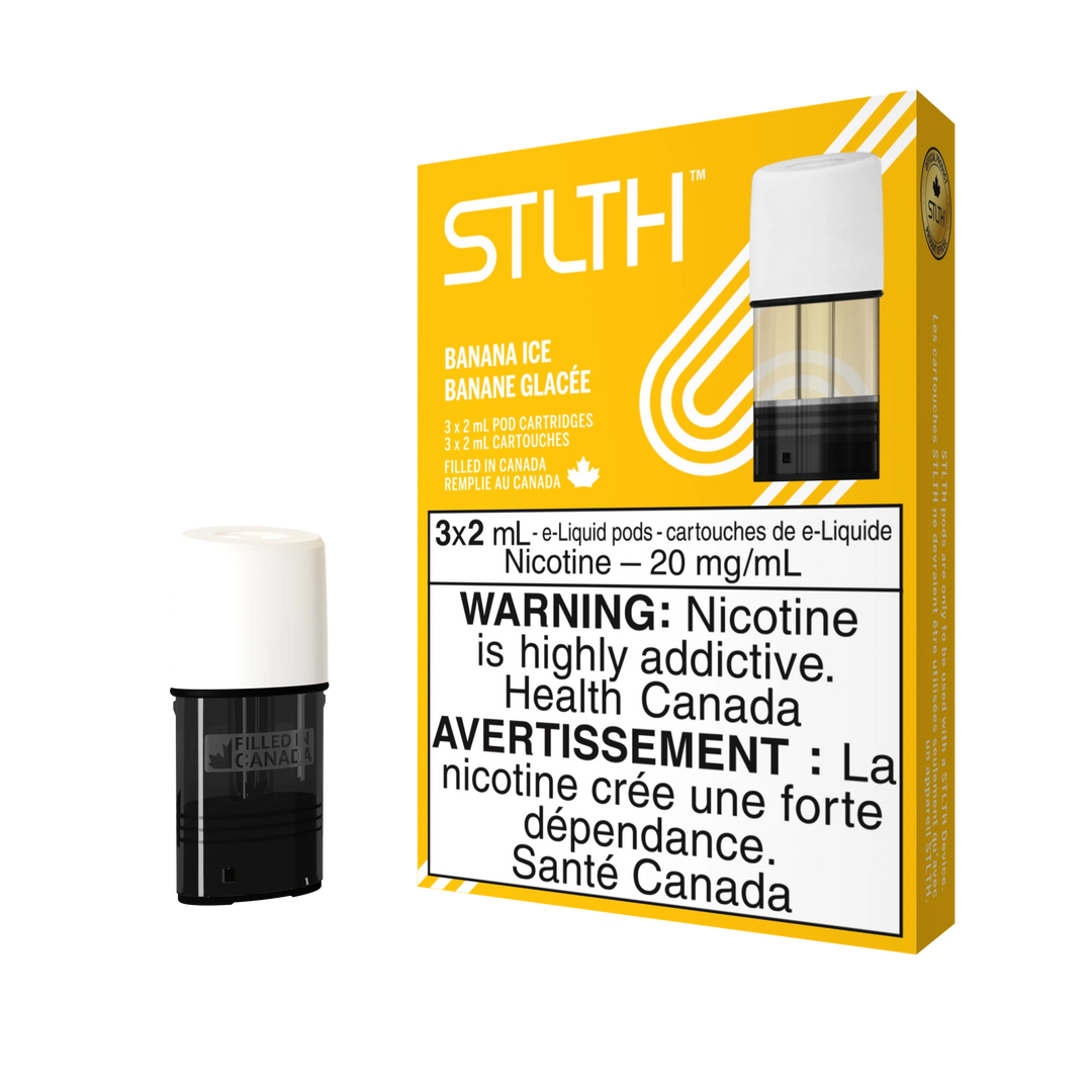 STLTH Banana Ice pod pack with three 2mL pods, one in box, one freestanding.