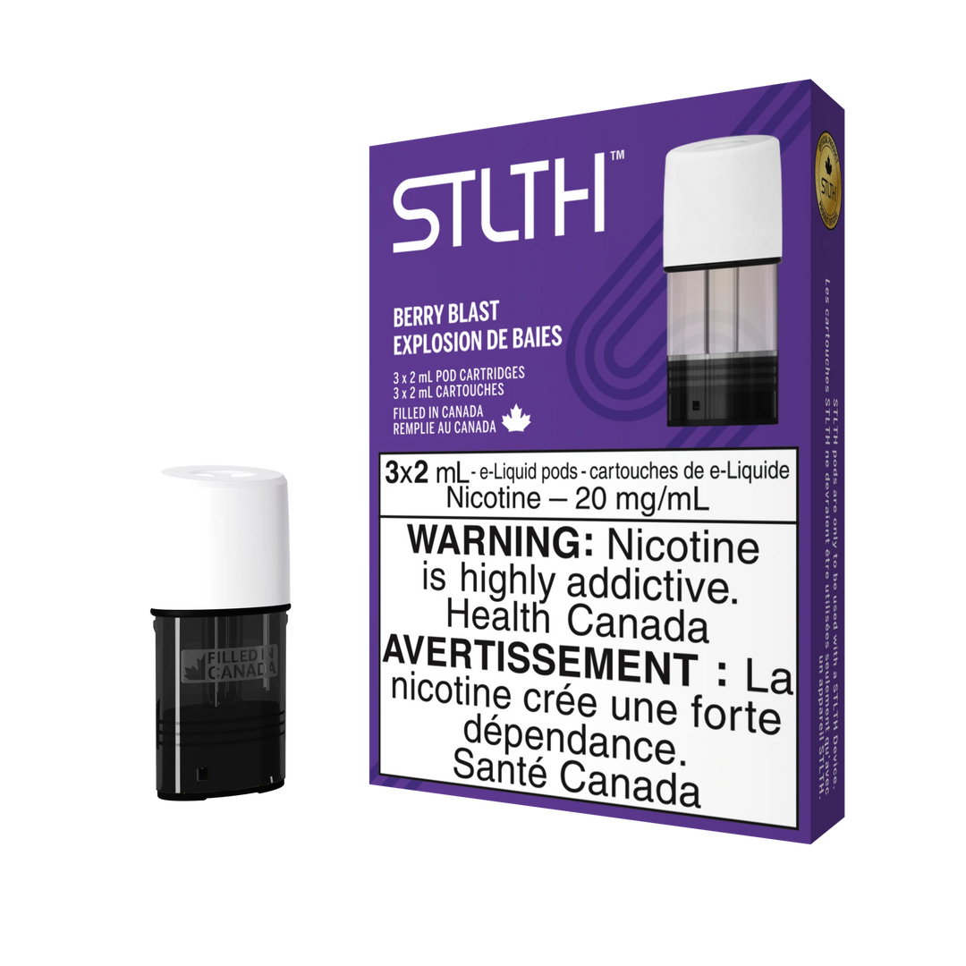 STLTH Berry Blast pod pack with three 2mL pods, one in box, one freestanding.