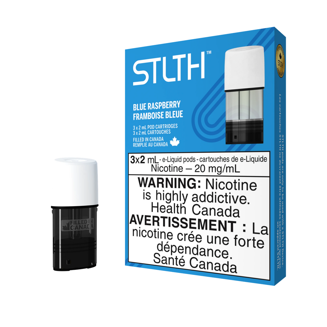 STLTH Blue Raspberry pod pack with three 2mL pods, one in box, one freestanding.
