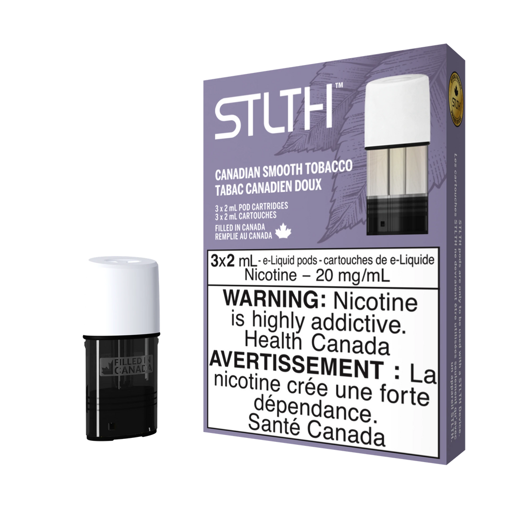 STLTH Canadian Smooth Tobacco pod pack with three 2mL pods, one in box, one freestanding.