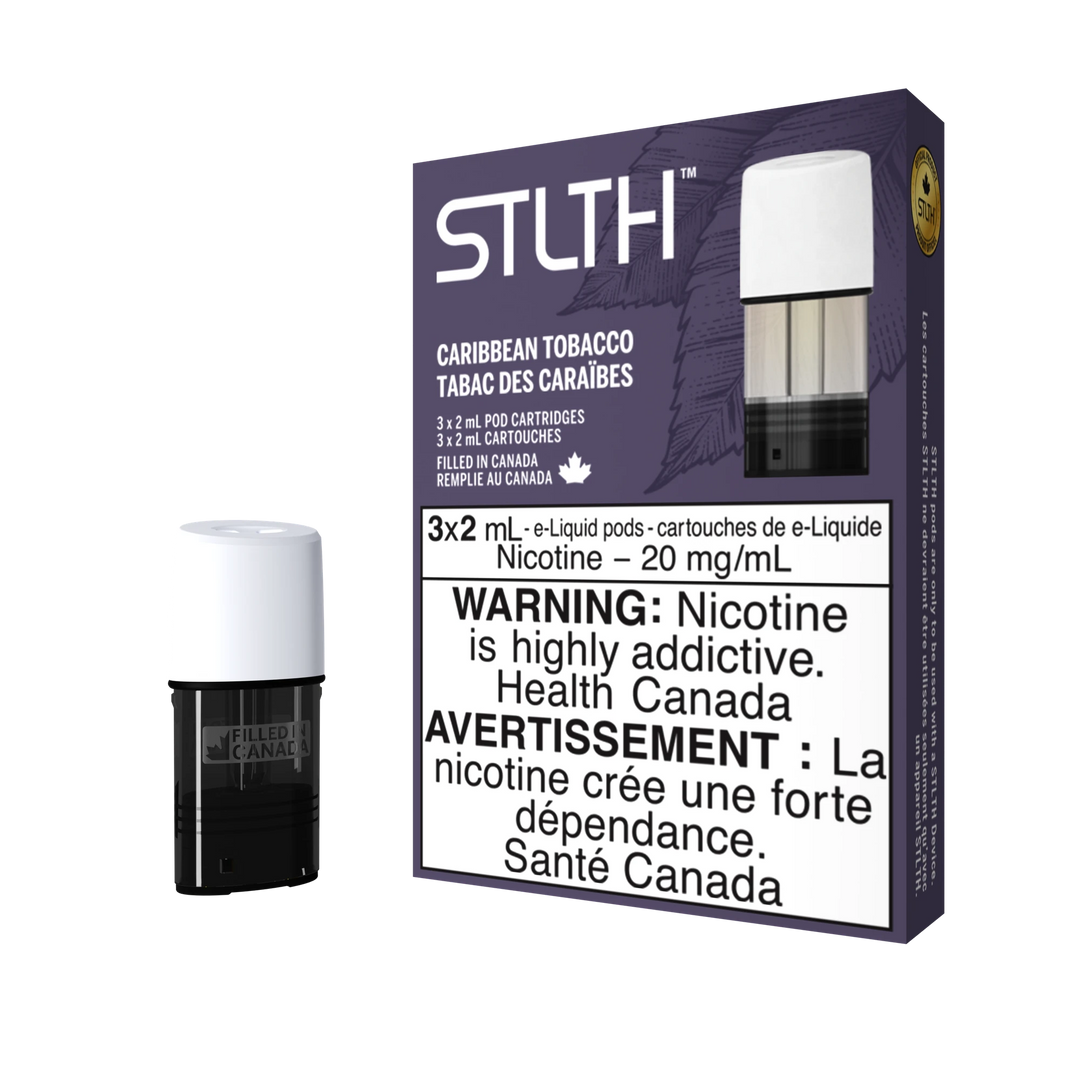 STLTH Caribbean Tobacco pod pack with three 2mL pods, one in box, one freestanding.