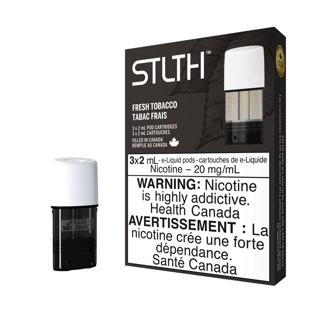 STLTH Fresh Tobacco pod pack with three 2mL pods, one in box, one freestanding.