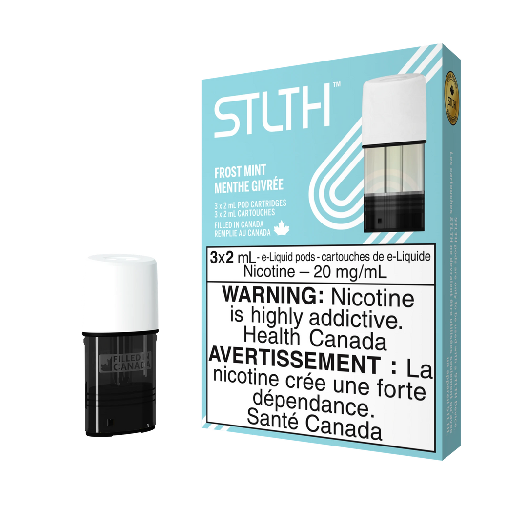 STLTH Frost Mint pod pack with three 2mL pods, one in box, one freestanding.