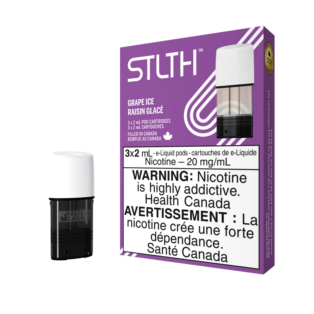 STLTH Grape Ice pod pack with three 2mL pods, one in box, one freestanding.