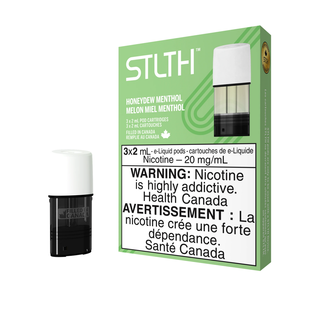 STLTH Honeydew Menthol pod pack with three 2mL pods, one in box, one freestanding.