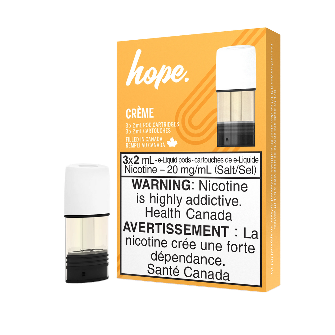 STLTH Hope Creme pod pack with three 2mL pods, one in box, one freestanding.